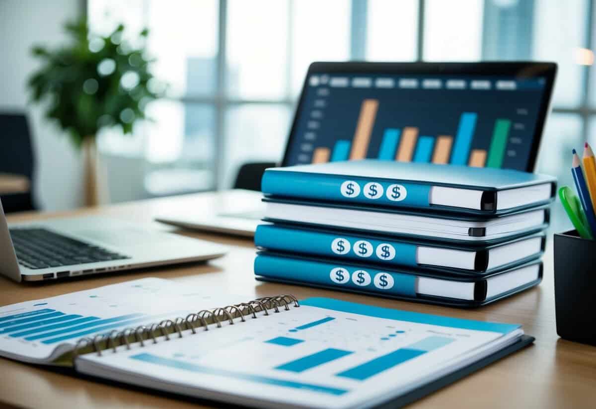 A desk with a laptop, planner, and financial charts. A stack of planners with dollar signs on the cover