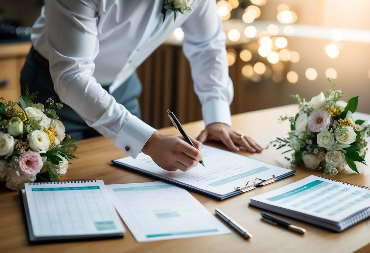 A figure creates a detailed wedding plan, surrounded by a calendar, checklist, and floral arrangements
