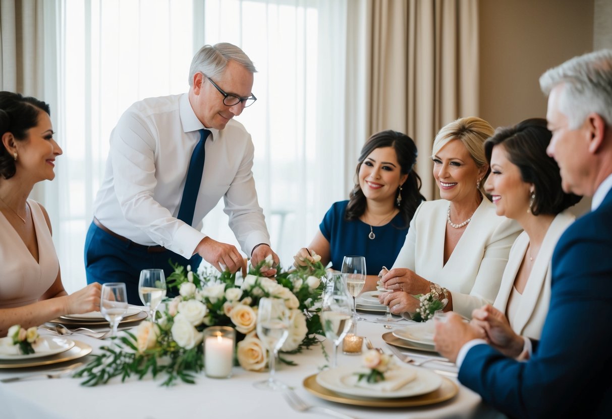 A family member organizes wedding details, coordinating vendors, and assisting with logistics