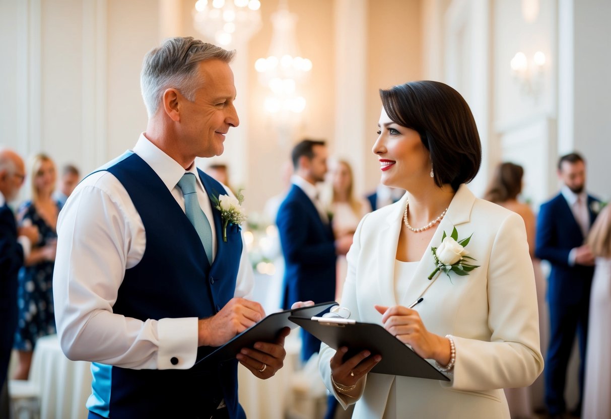 A family member and a professional wedding coordinator stand side by side, each holding a clipboard and discussing wedding plans in a bustling reception hall