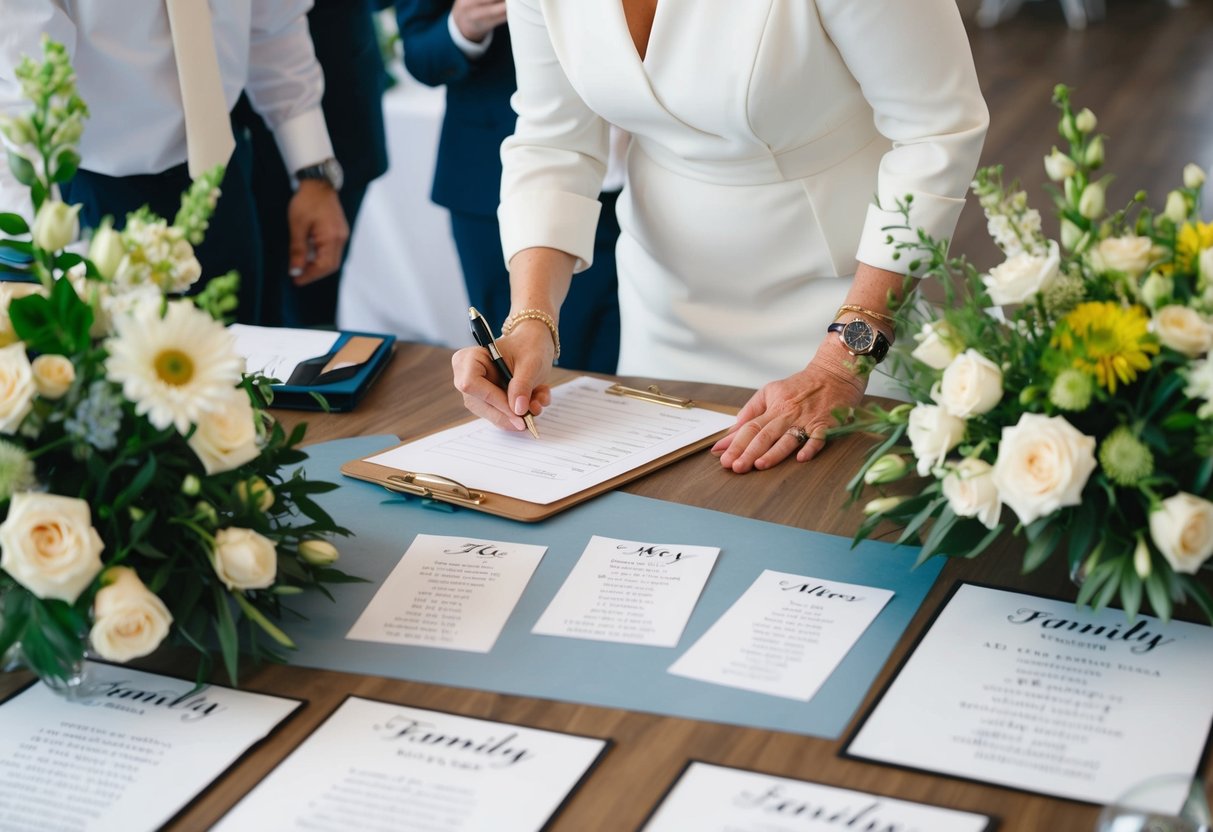 A family member organizes wedding details with a clipboard and pen in hand, surrounded by floral arrangements and seating charts