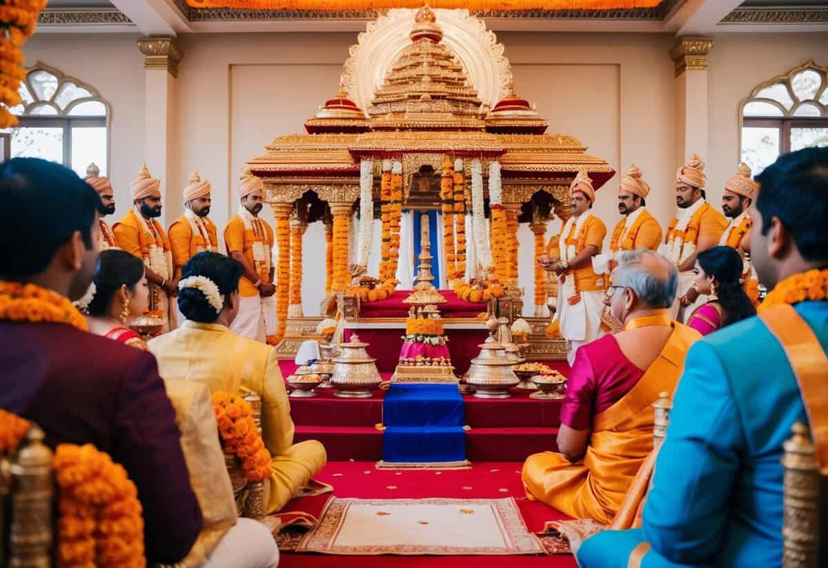 A Hindu wedding ceremony taking place in a decorated temple with traditional rituals and offerings