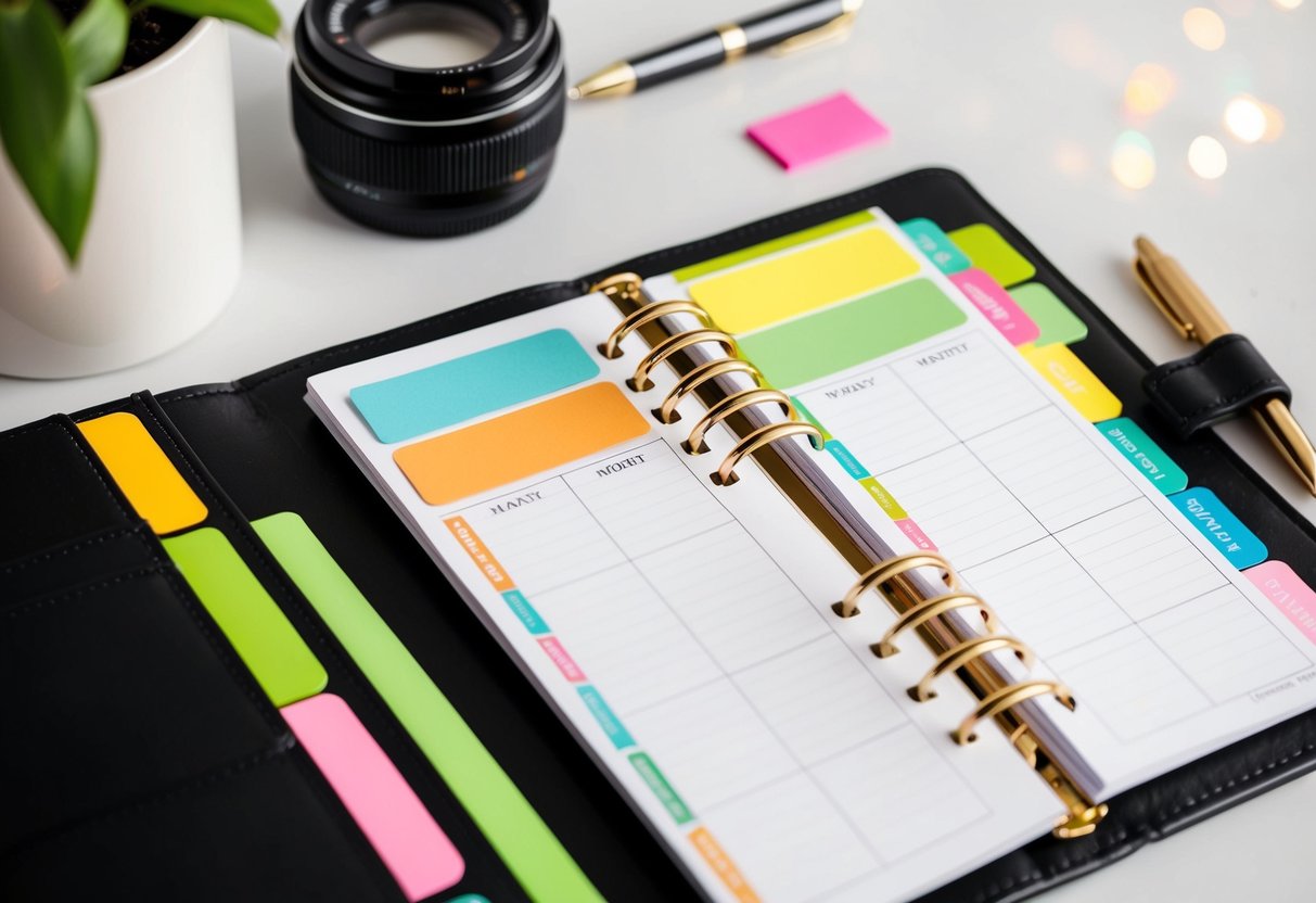 A planner open to a monthly spread, with colorful tabs, sticky notes, and a pen nearby
