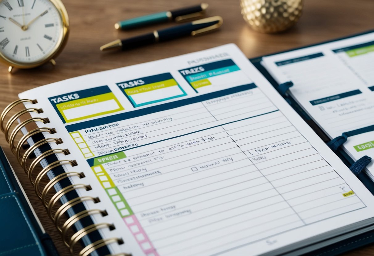A planner open to a page with three highlighted tasks at the top, surrounded by smaller tasks and notes
