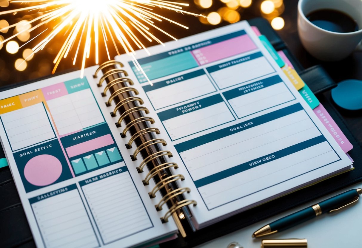 A planner surrounded by a burst of light, with sections for goal setting, habit tracking, and vision board