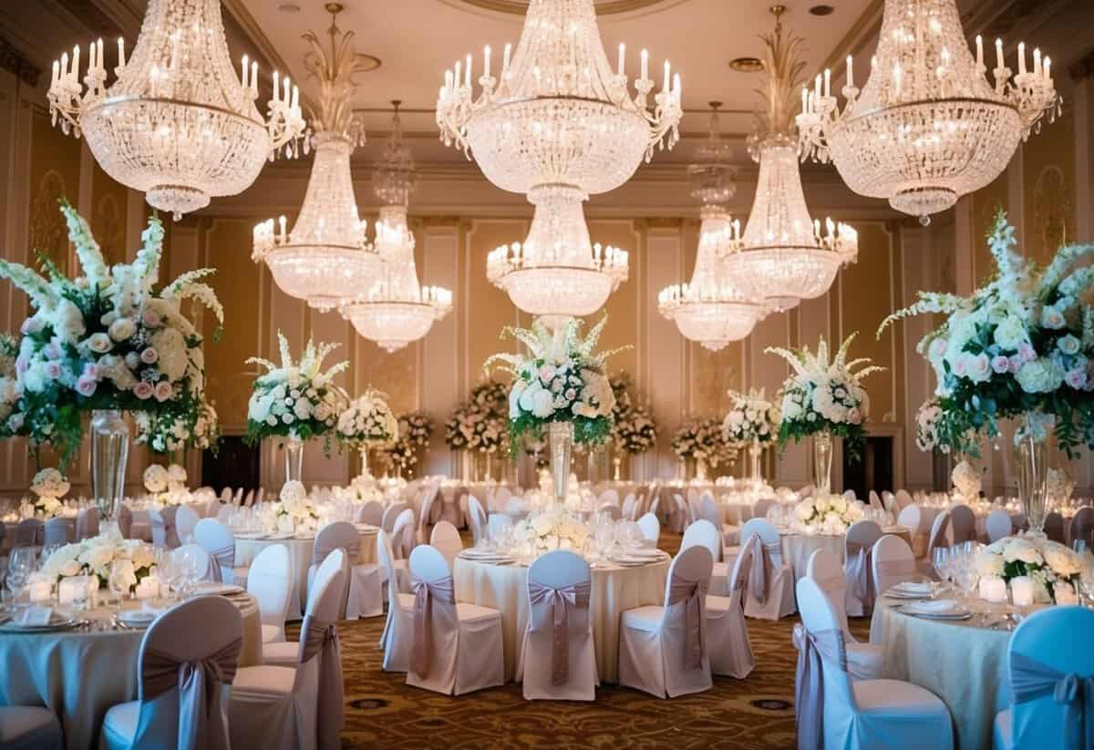 A lavish ballroom adorned with crystal chandeliers, elegant floral arrangements, and opulent decor