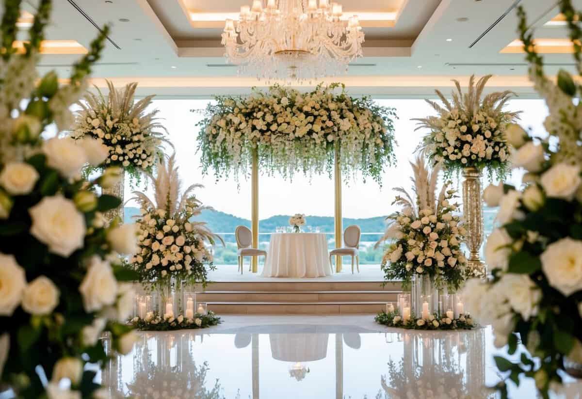 A lavish wedding venue with opulent decor and extravagant floral arrangements, set against a backdrop of a scenic and exclusive location