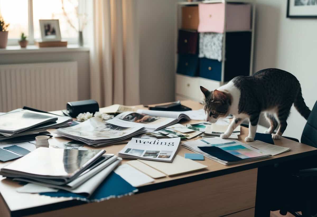 A cluttered desk with scattered wedding magazines, torn fabric swatches, and a stressed-out pet pacing back and forth