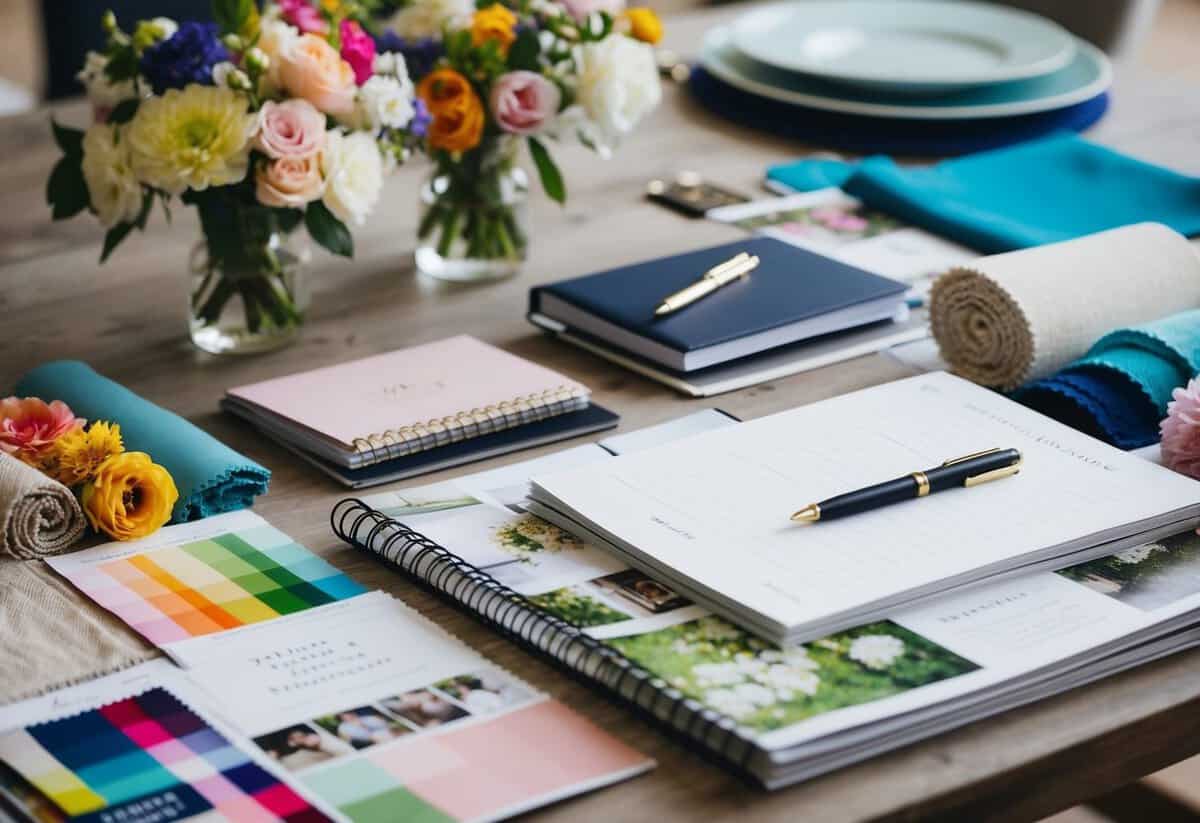 A table covered in wedding magazines, a notebook, and a pen, surrounded by colorful fabric swatches and flower samples
