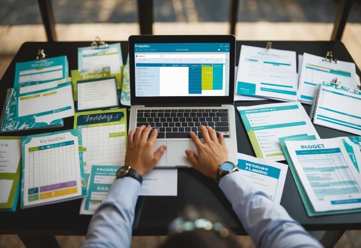 A table covered in wedding planning materials, such as calendars, checklists, and vendor brochures, with a laptop open to a budget spreadsheet