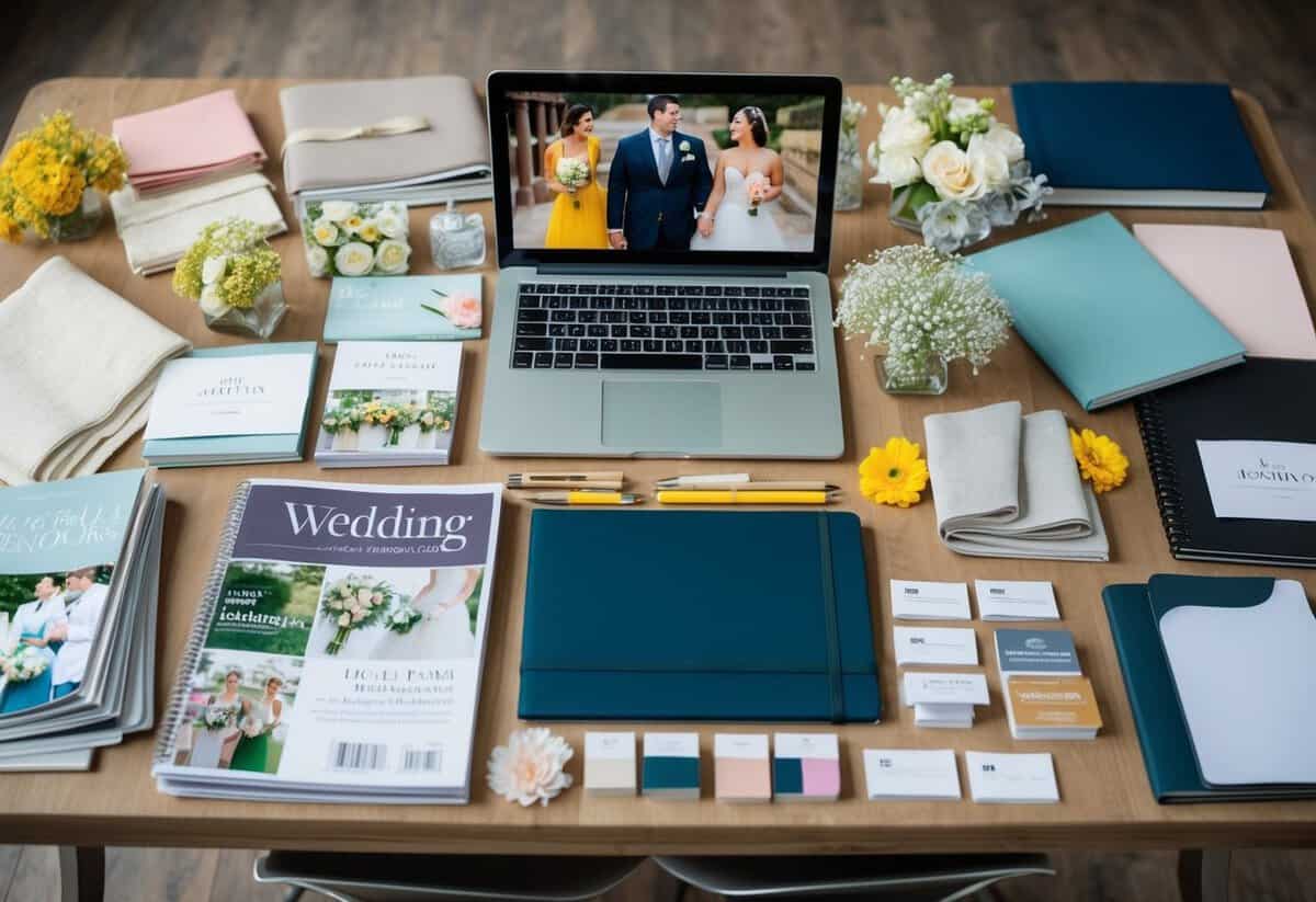 A table covered in wedding magazines, notebooks, and a laptop, surrounded by swatches of fabric, flower samples, and a stack of business cards from different vendors