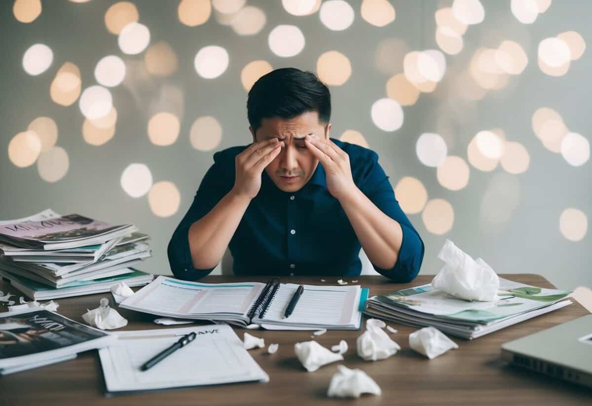 A cluttered desk with wedding magazines, scattered tissues, and a crumpled wedding planning checklist. A frustrated figure sits in front of the desk, wiping away tears