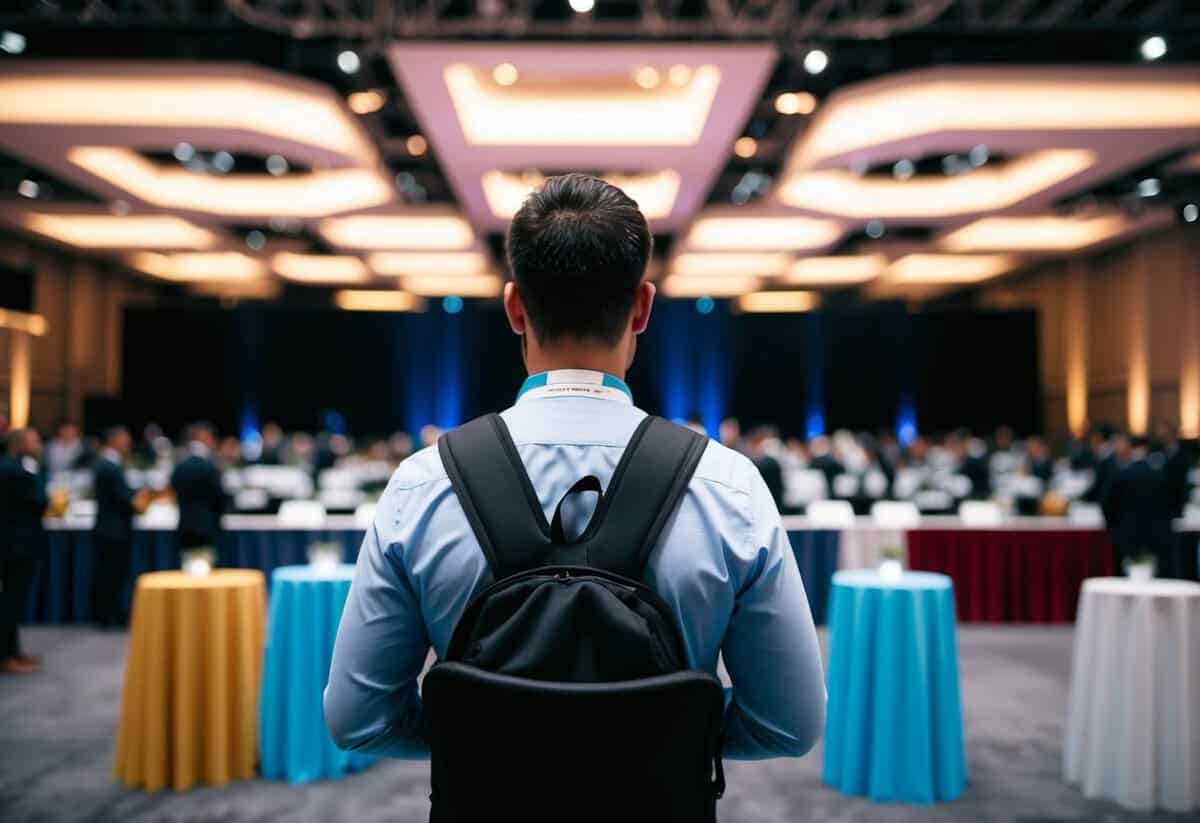 An event manager overseeing a large conference with multiple booths and stages