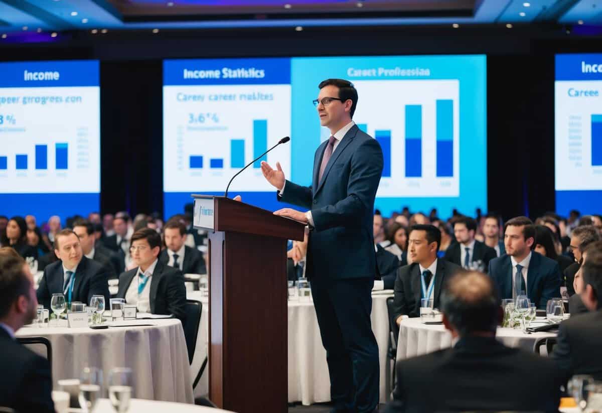An event manager standing at a podium, surrounded by a bustling conference hall. A large screen displays income statistics and career progression graphs