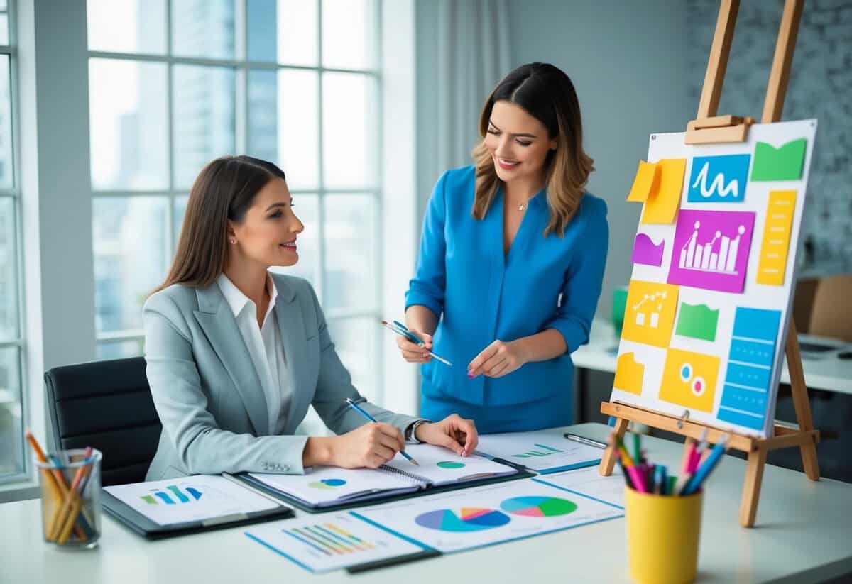 A planner sits at a desk with charts and graphs, while a designer stands at an easel, sketching and painting colorful designs