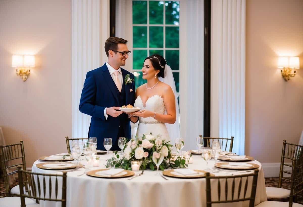 A bride and groom standing at a beautifully decorated reception table, with a server attending to their needs