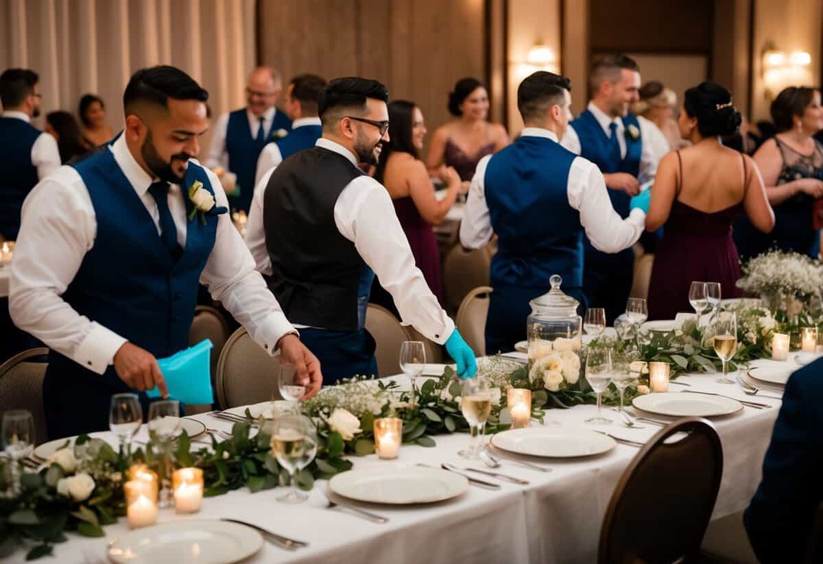 A wedding banquet with staff serving and clearing tables, guests socializing and dancing, and a tip jar on the bar counter