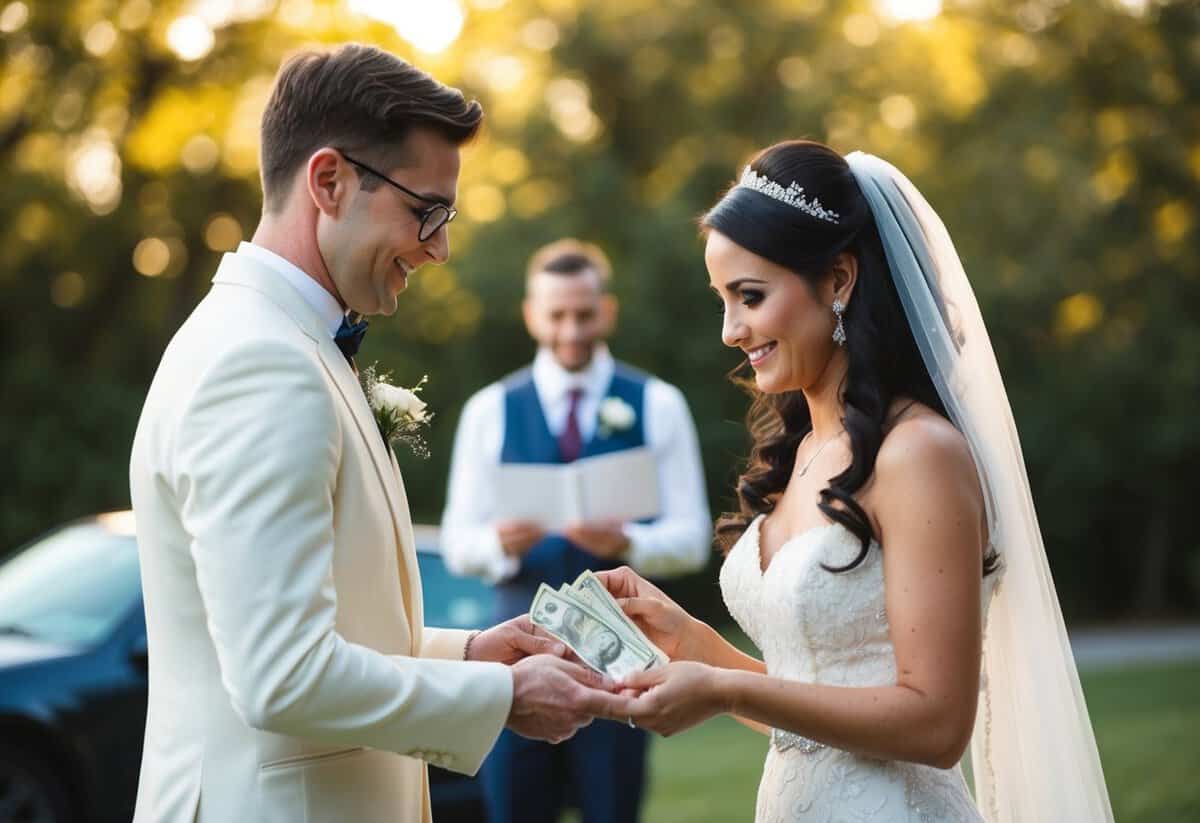 A bride and groom placing money in envelopes for wedding staff
