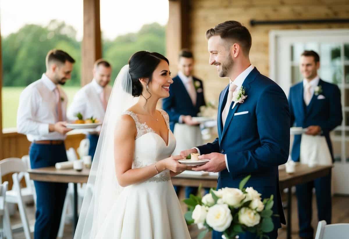 A bride and groom at a small business wedding venue, with staff setting up and serving