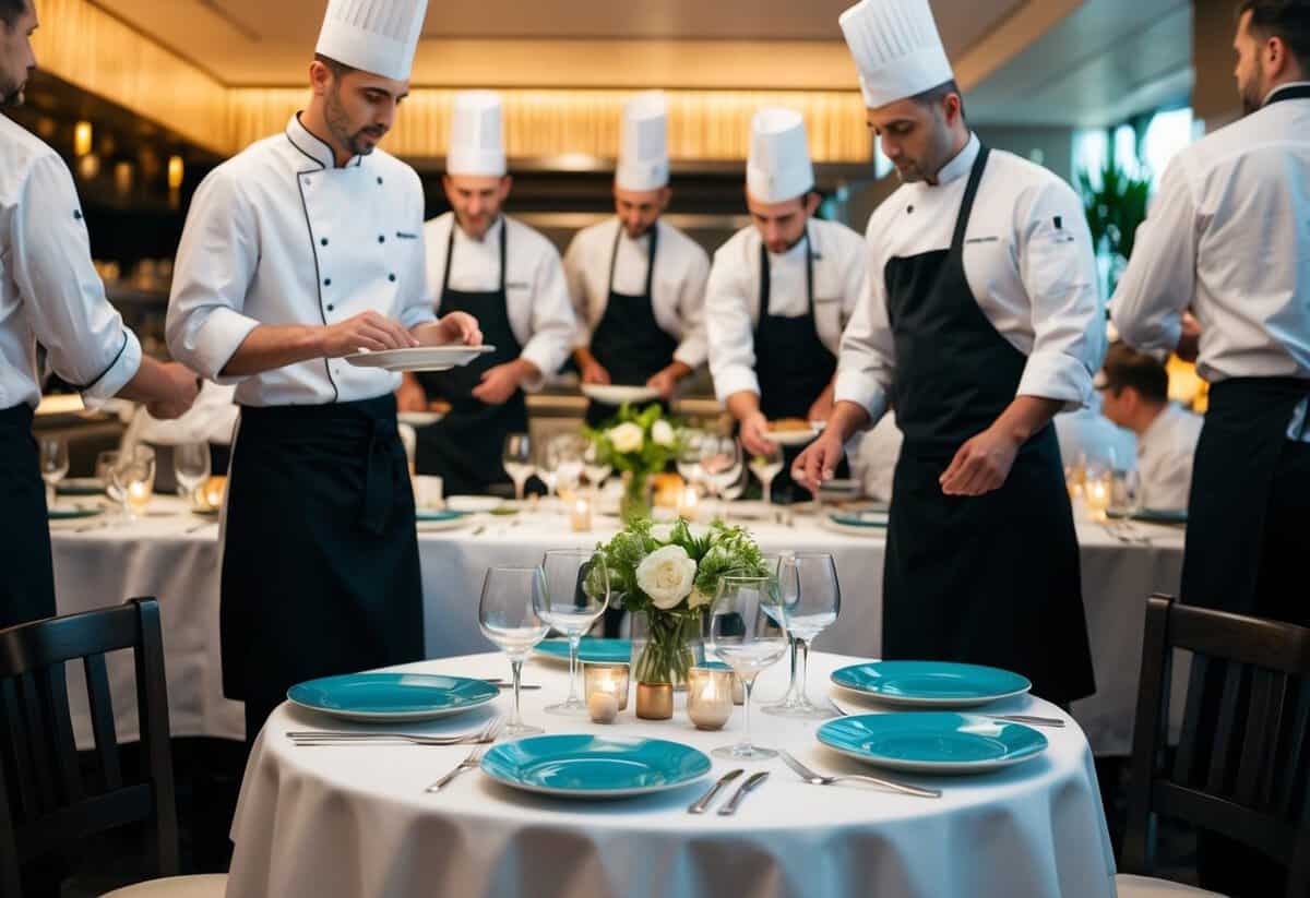 A table set with elegant dinnerware, surrounded by bustling waitstaff and chefs in a high-end restaurant