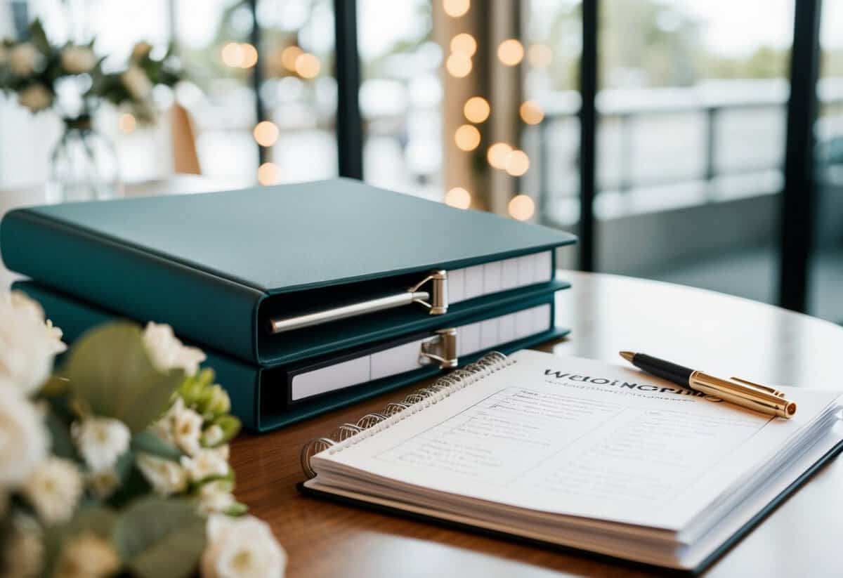 A table with a wedding planner binder, checklist, calendar, and pen