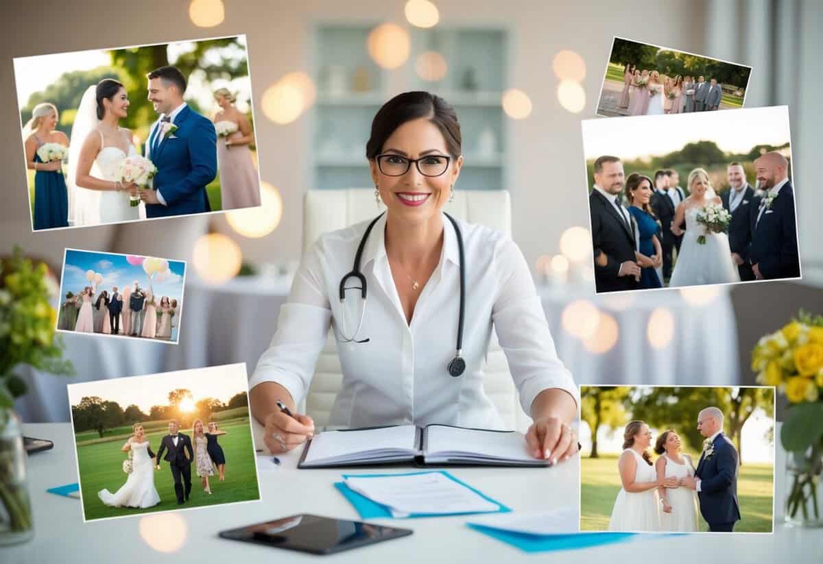 A wedding planner surrounded by images of key milestones and pre-wedding events, such as engagement party, bridal shower, and rehearsal dinner