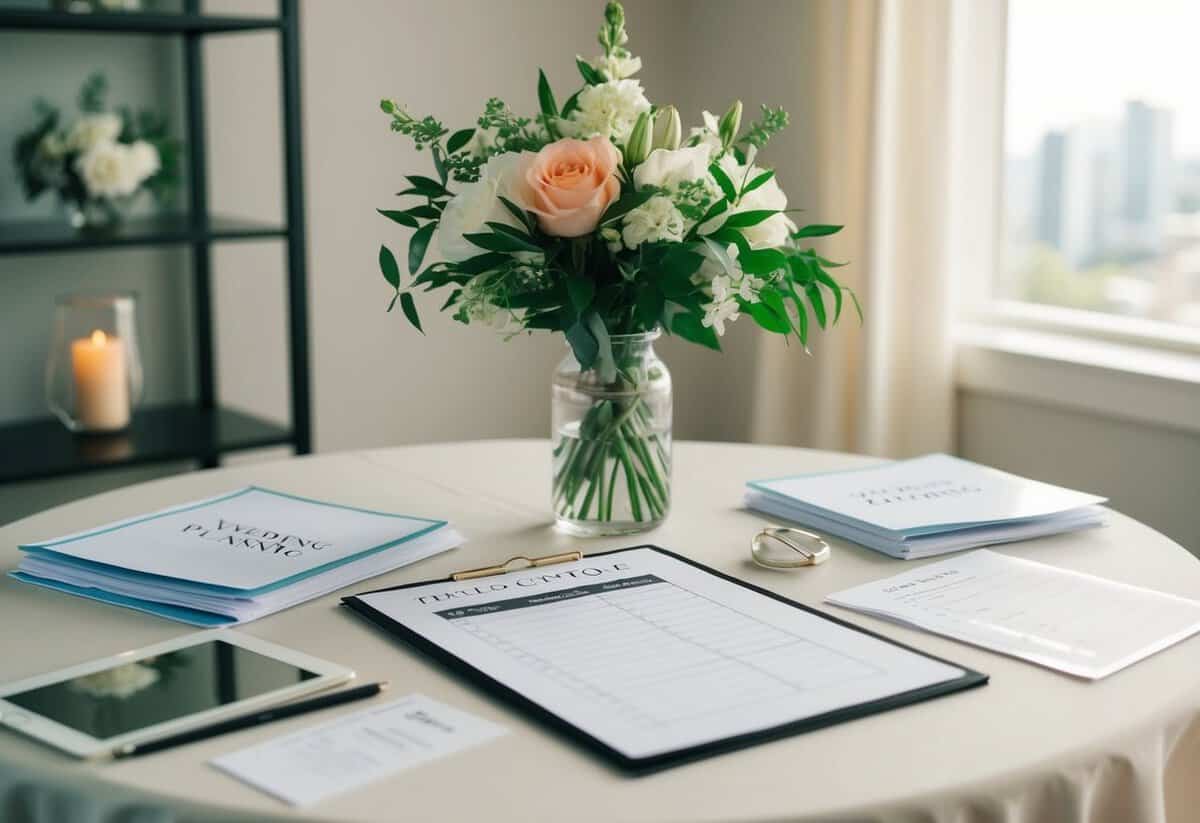 A table with wedding planning materials, a timeline, and a checklist
