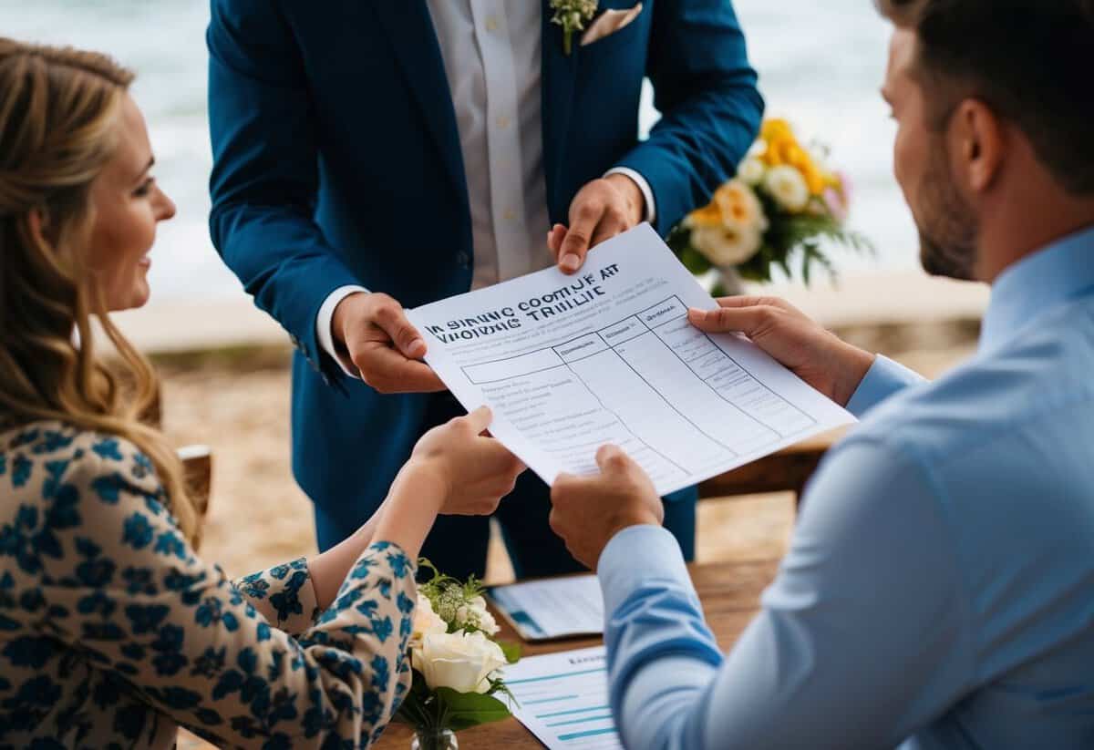 A person handing off a detailed wedding timeline to a friend, discussing plans and exchanging contact information for smooth coordination