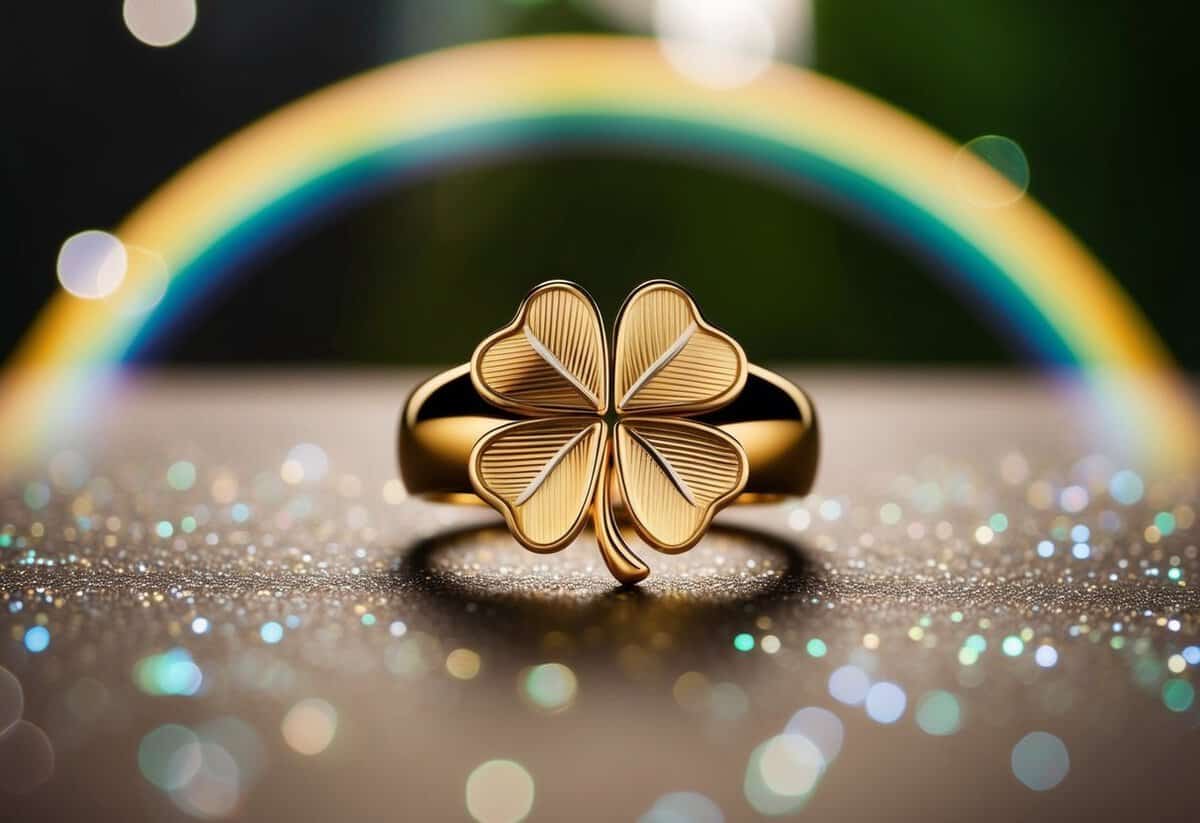 A golden ring with a four-leaf clover design, surrounded by shimmering stars and a rainbow