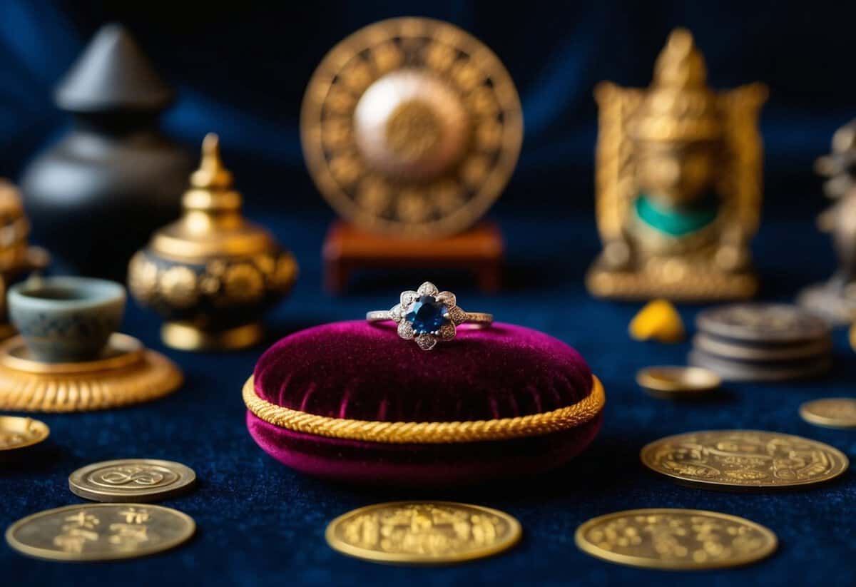 A small, ornate ring sits atop a velvet cushion, surrounded by ancient artifacts and symbols of good fortune