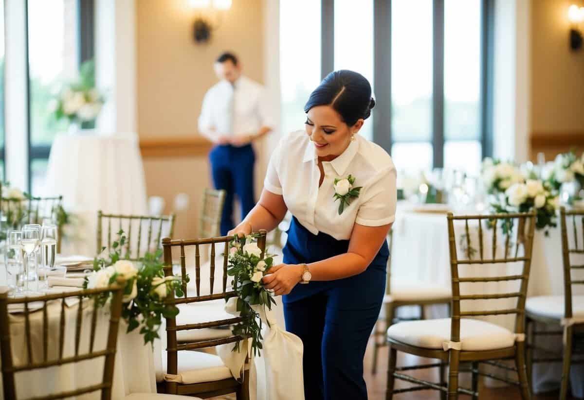 A wedding coordinator arranging chairs and decorations in a reception hall