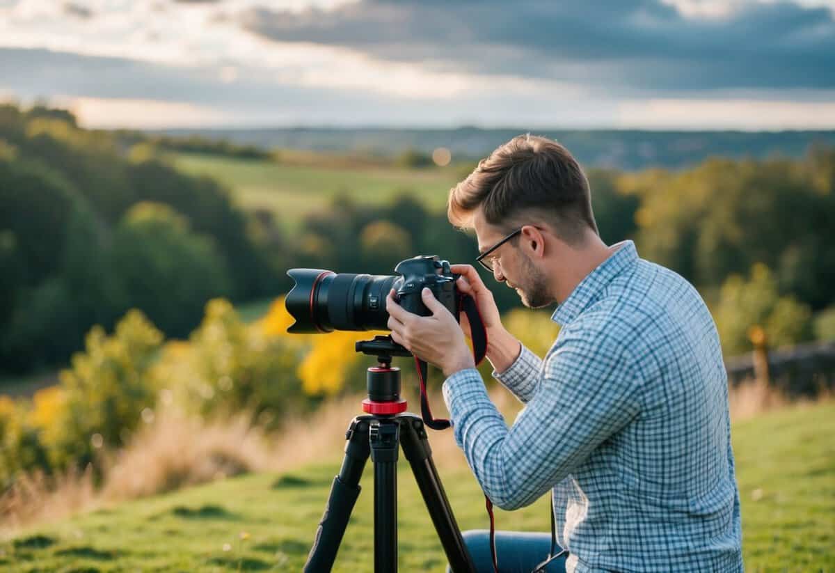 A beginner photographer in the UK setting up their camera and tripod in a scenic outdoor location, adjusting the settings and framing the shot
