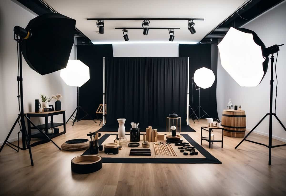 A high-end commercial photography studio with professional lighting, backdrops, and a variety of products and props for product photography