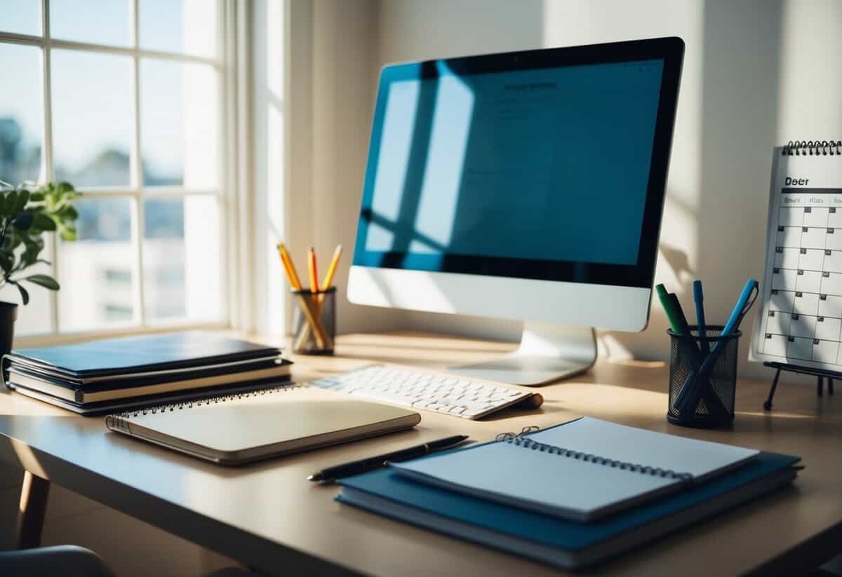A desk with a computer, notebooks, pens, and a calendar. Bright light streams in through a window, casting shadows on the organized workspace