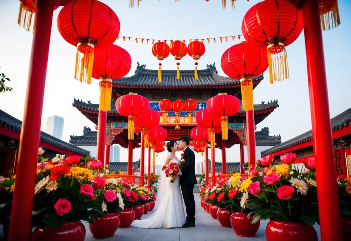 A vibrant scene of a traditional Chinese wedding with red decorations, lanterns, and flowers symbolizing good luck and happiness