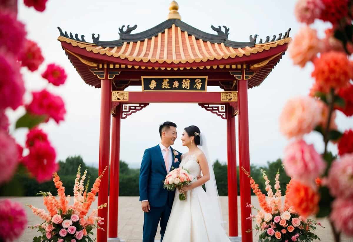 A bride and groom standing under a traditional Chinese red and gold wedding arch, surrounded by vibrant flowers in shades of pink, peach, and coral