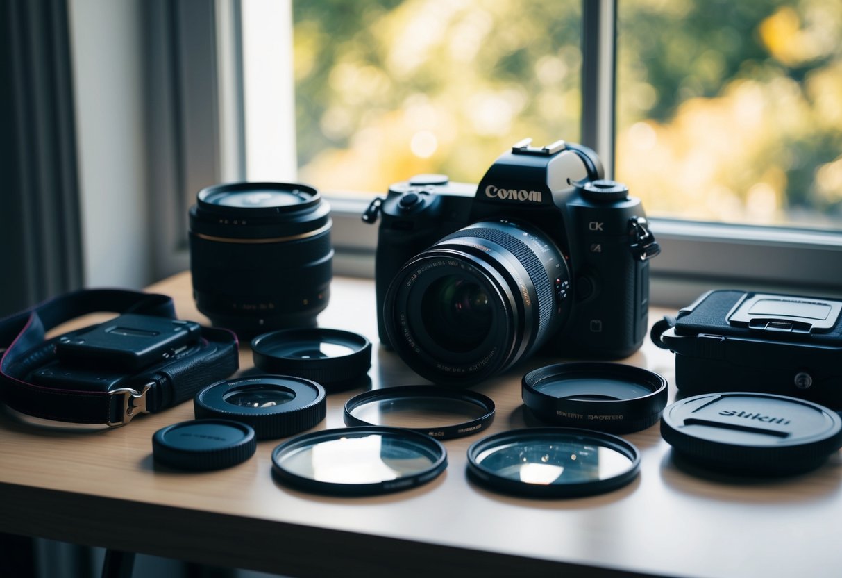 A photographer's camera and equipment laid out on a table, with natural light streaming in through a window onto the gear