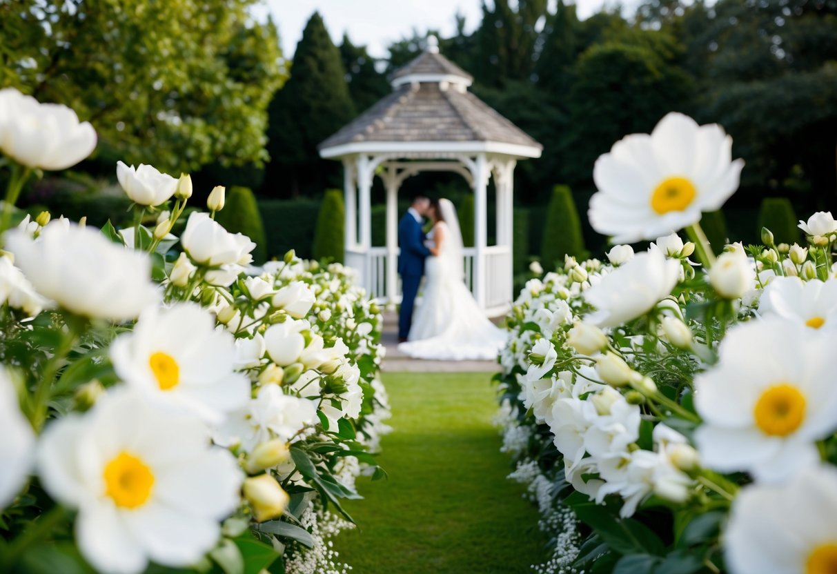 A wedding ceremony in a garden with white flowers and a gazebo