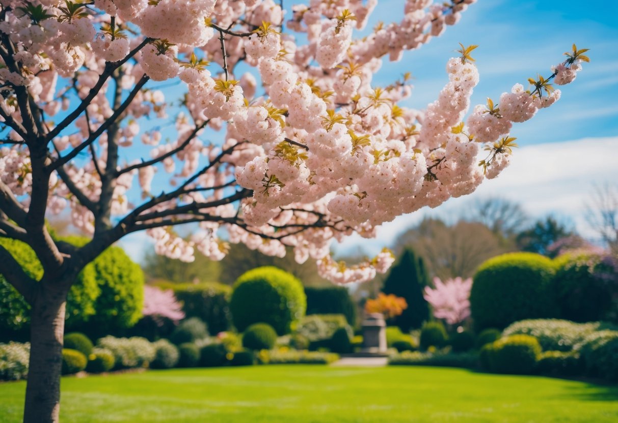 A serene garden with a blooming cherry blossom tree and a clear blue sky