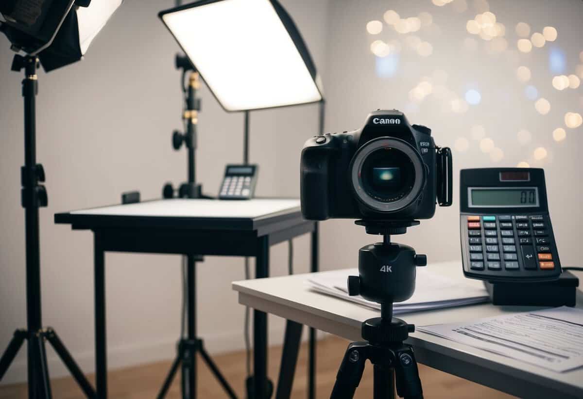 A photographer's camera, tripod, and lighting equipment set up in a studio with a desk displaying paperwork and a calculator