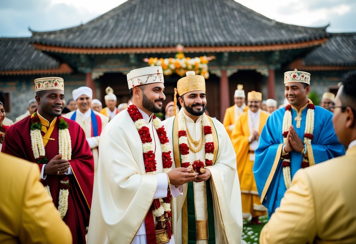 A traditional wedding ceremony in a historical setting, with cultural elements such as traditional attire, music, and decorations