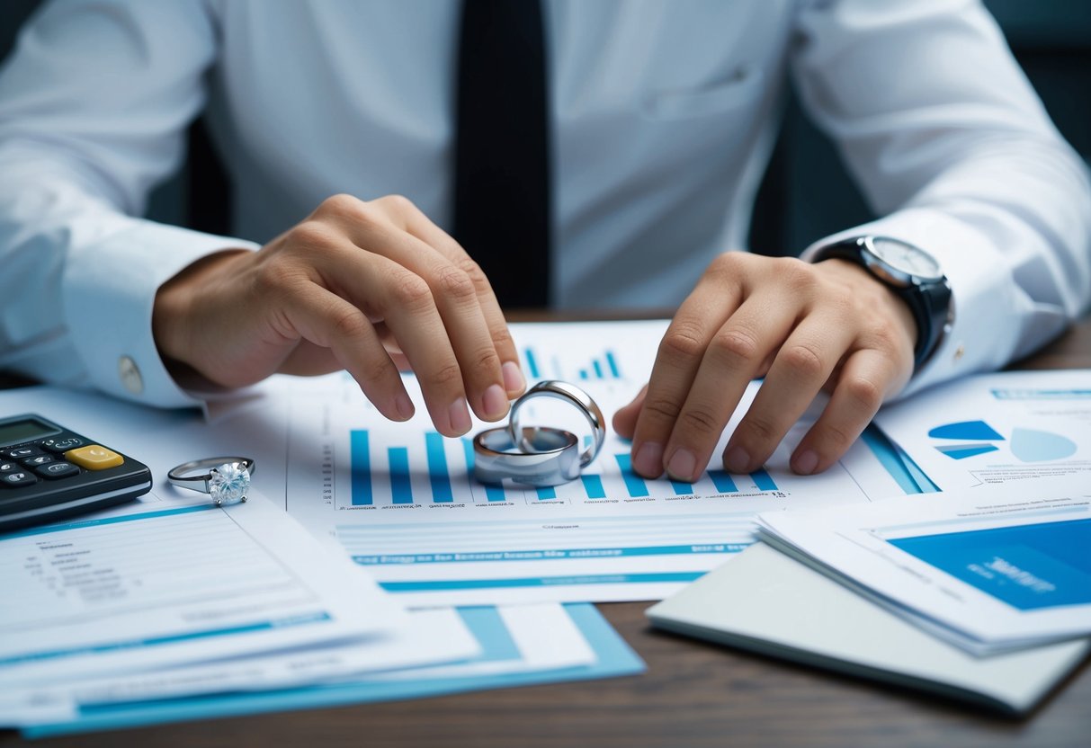 A person weighing the pros and cons of marriage at 35, surrounded by financial documents and a wedding ring