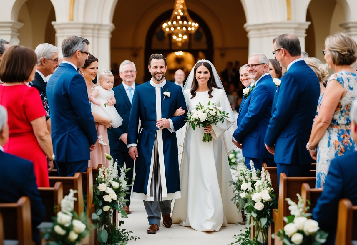 A wedding ceremony with Mary and Joseph, surrounded by family and friends
