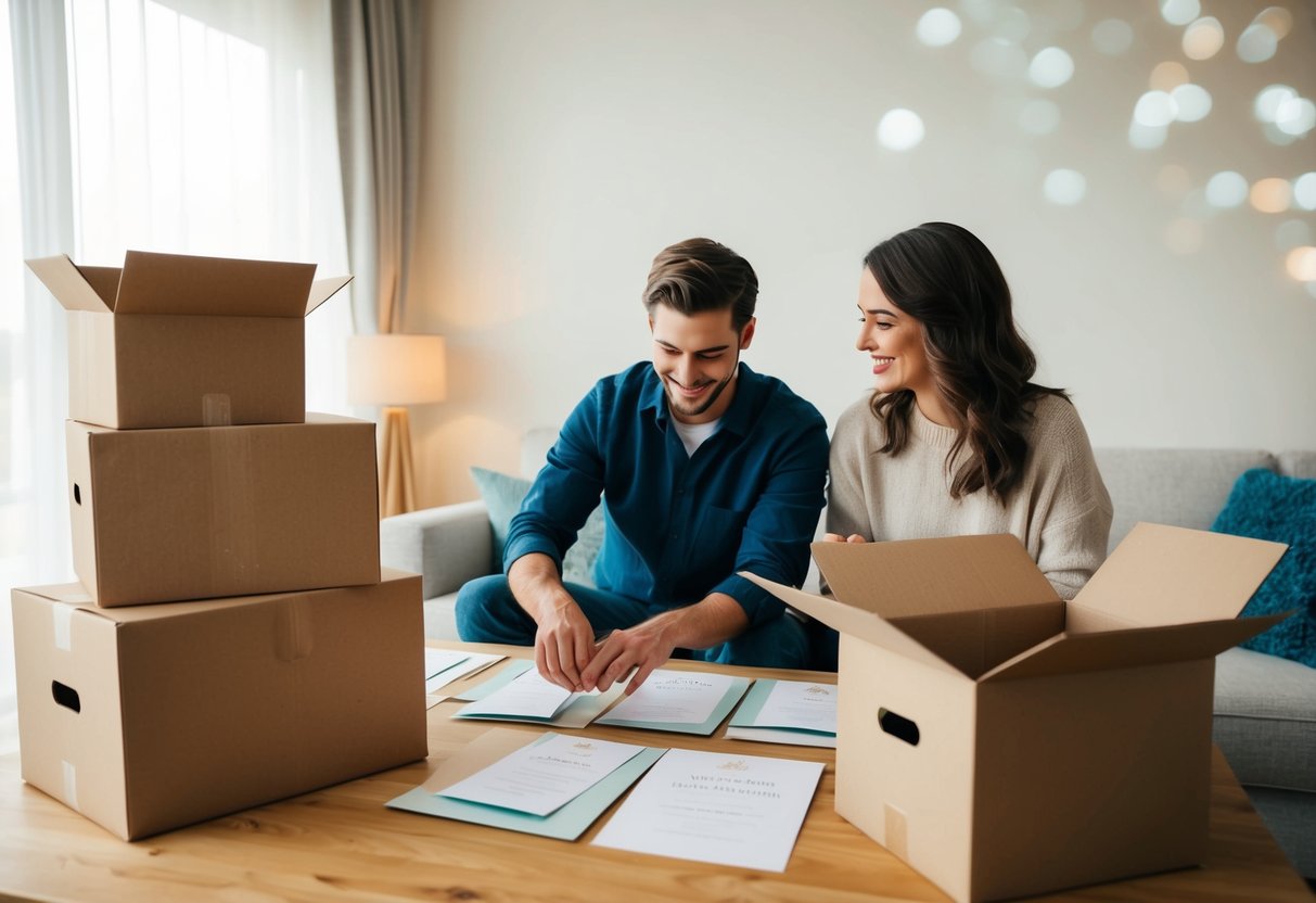 A couple unpacking boxes in a cozy, shared space with wedding invitations on the table