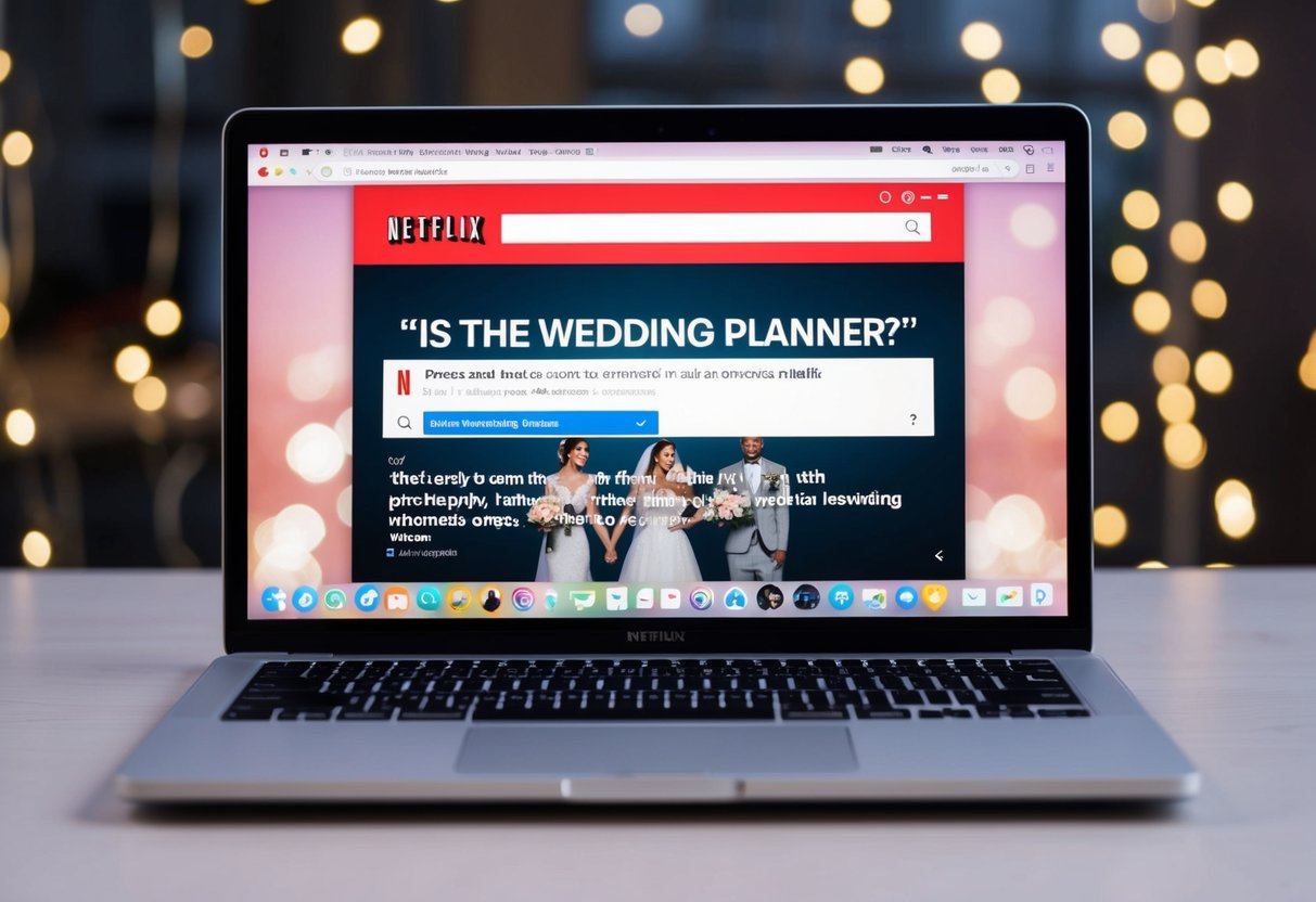 A laptop with the Netflix homepage open, showing the search bar with "is the wedding planner" typed in and a search result displayed