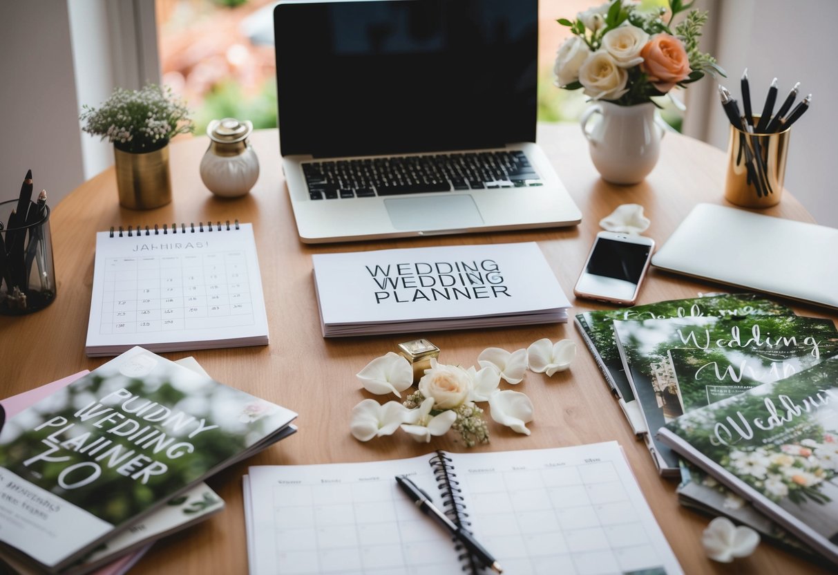 A busy wedding planner's desk with a calendar, laptop, and wedding magazines scattered around