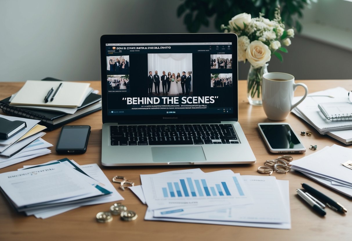 A cluttered desk with a laptop streaming "Behind the Scenes" and scattered wedding planning materials