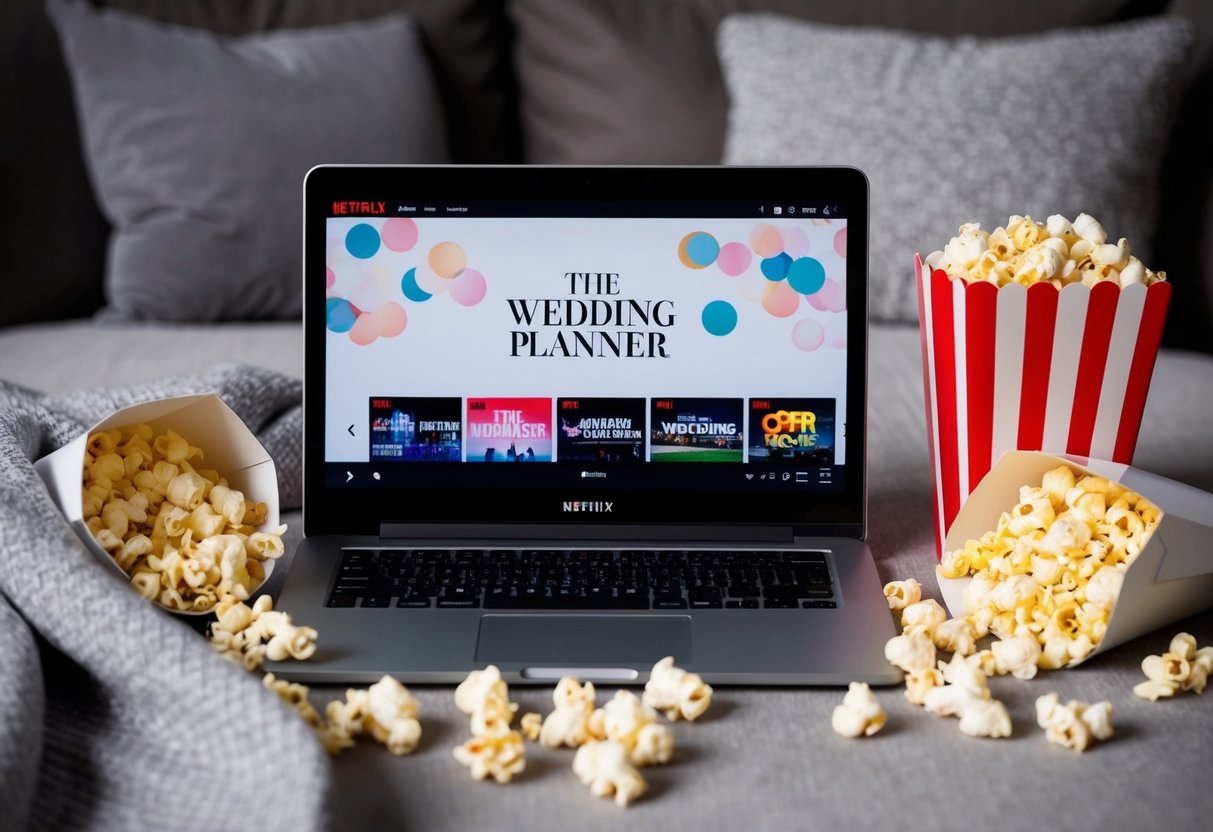 A laptop displaying "The Wedding Planner" on Netflix, surrounded by popcorn and a cozy blanket