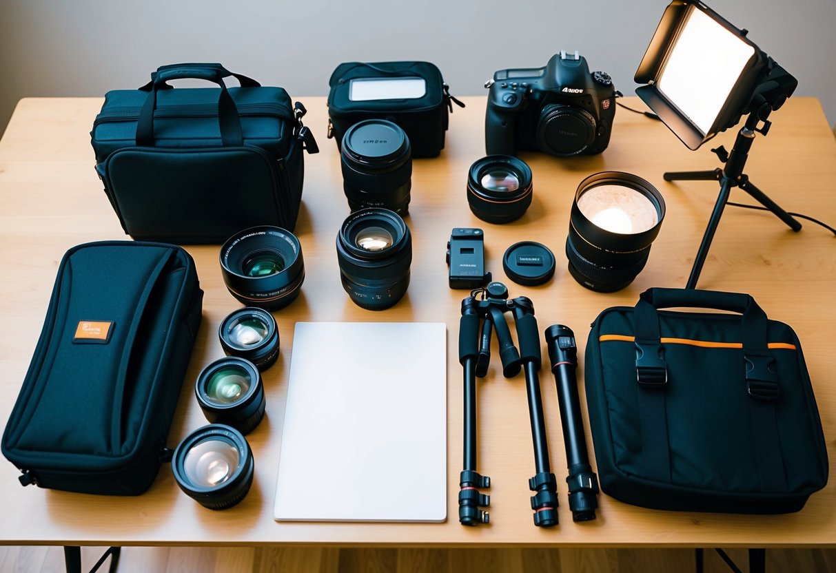 A wedding photographer's gear and equipment laid out neatly on a table, including a professional camera, multiple lenses, a tripod, and a portable lighting kit