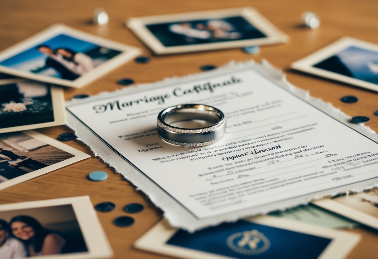 A wedding ring sitting on a table, surrounded by scattered photographs and a torn marriage certificate